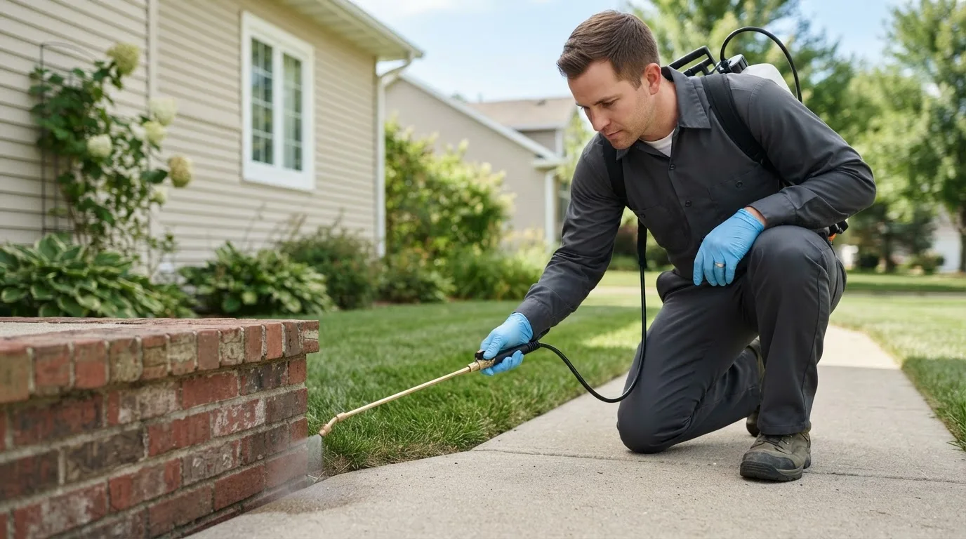 Pest control technician treating a home near Mystic, CT