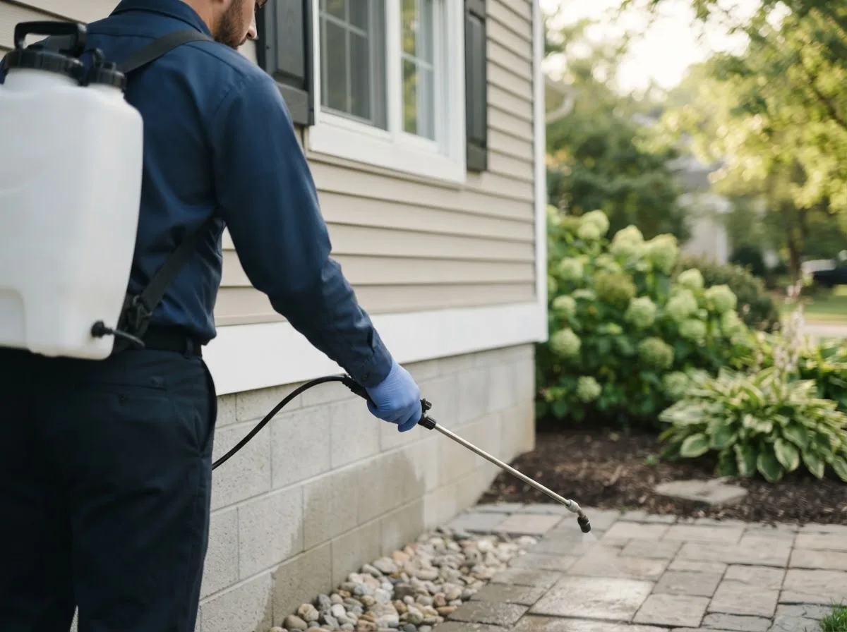 Pest control technician inspecting a home in Mystic, CT